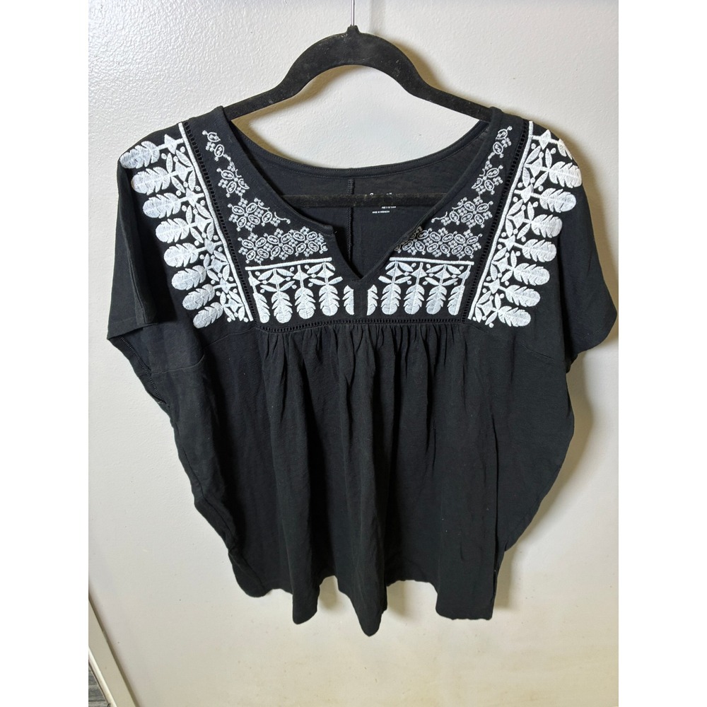 Gap Womens XL Black White Embroidered Boho Split Neck Cotton Modal Blouse Top
